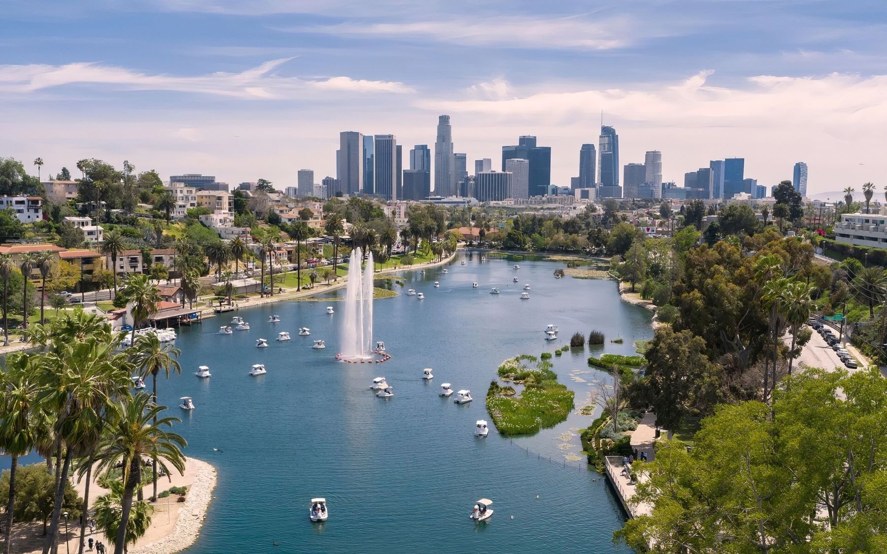 Aerial view of Echo Park Lake and the Los Angeles skyline