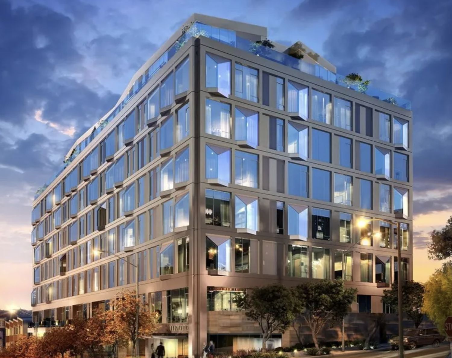 2121 Webster Street penthouse tower at dusk, San Francisco, a Cristina Lopez sale